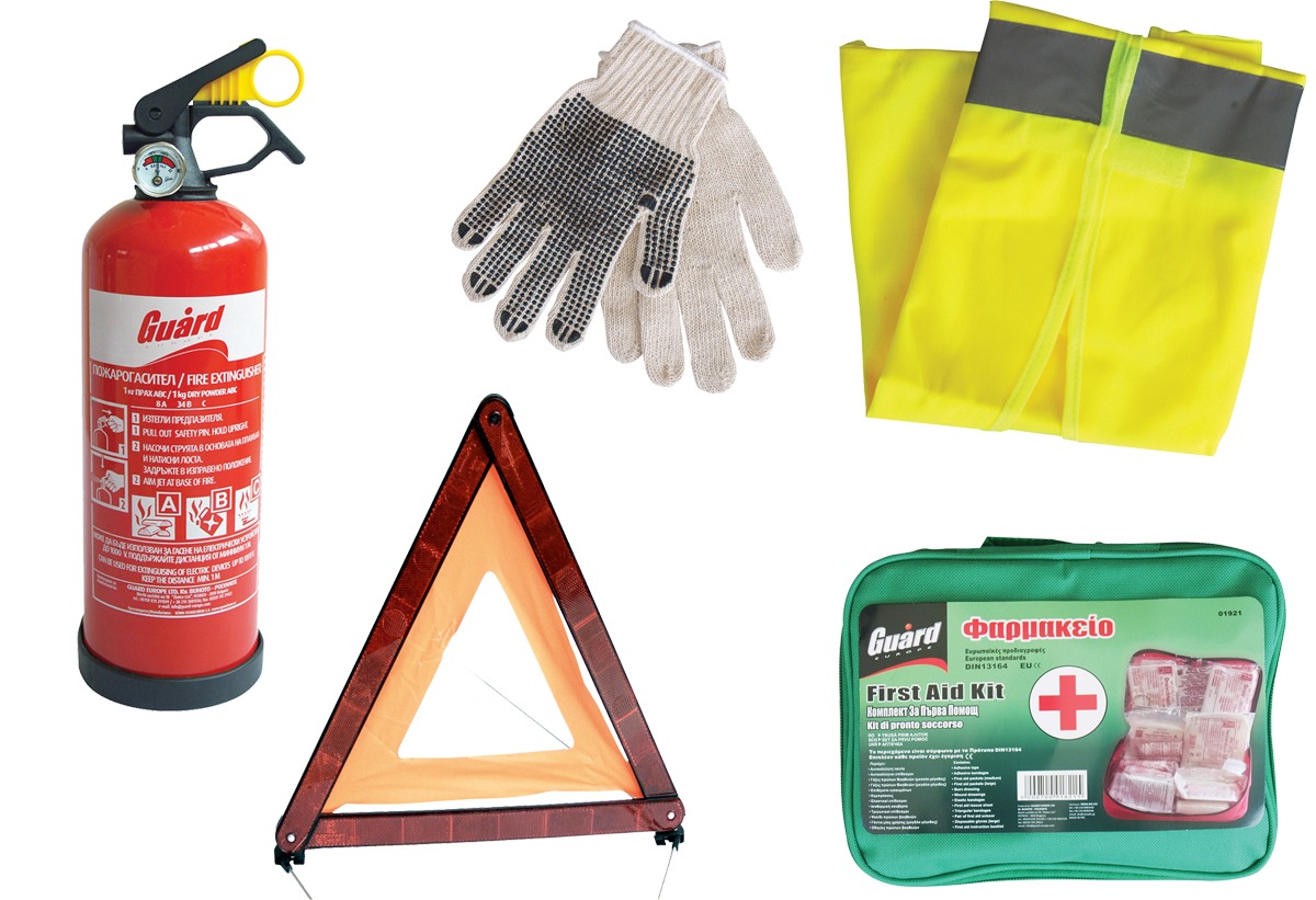 SOS σετ πυρασφάλειας αυτοκινήτου Guard (Τρίγωνο-Πυροσβεστηρας 1KG-Γιλέκο-Φαρμακείο+Δώρο γάντια) 01907