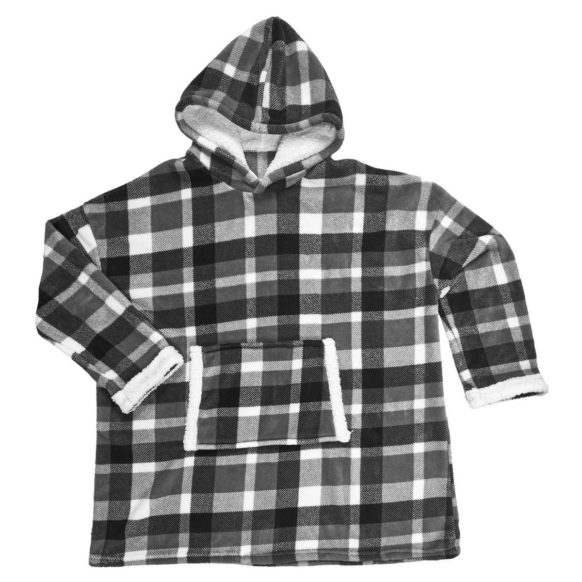 Fleece Κουβέρτα με Μανίκια και Κουκούλα Ασπρόμαυρο Καρό – 118 x 85 x 2 εκ