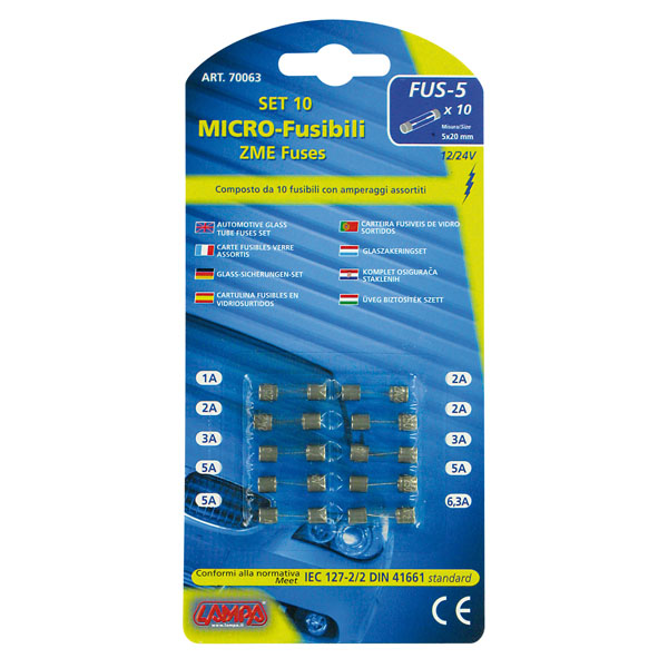 Ασφάλειες αυτοκινήτων γυαλινες 20mm καρτέλα 10 τεμαχίων FUS-5