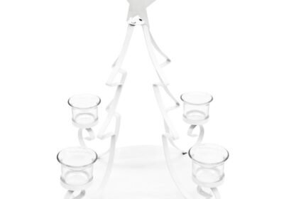 10017327 Teelichthalter Weihnachtsbaum Metall Weiß