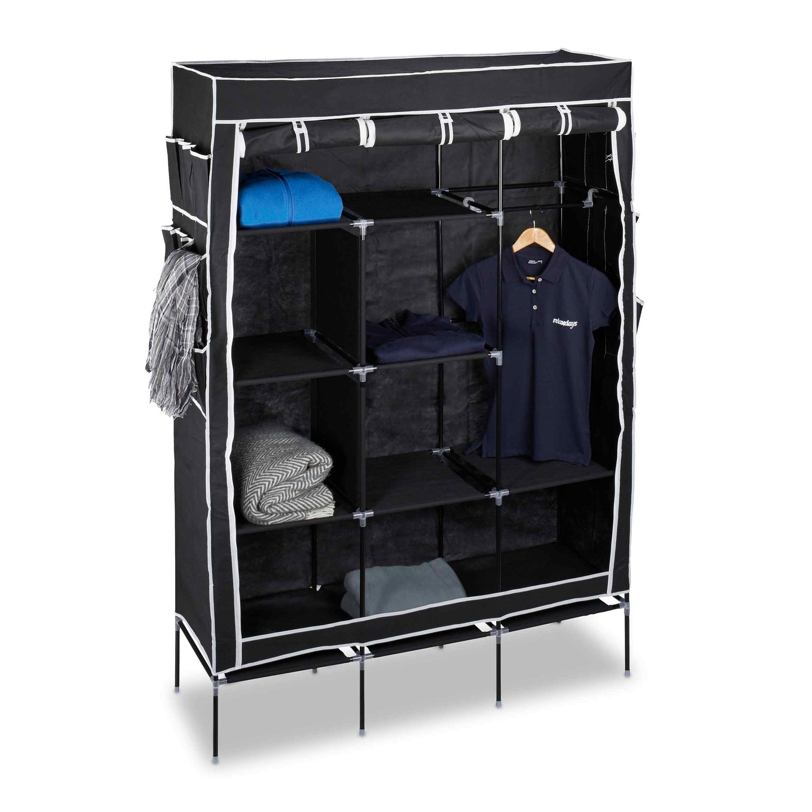 Υφασμάτινη πτυσσόμενη μαύρη ντουλάπα Valentin με 10 ράφια αποθήκευσης 179 x 124 x 42 cm